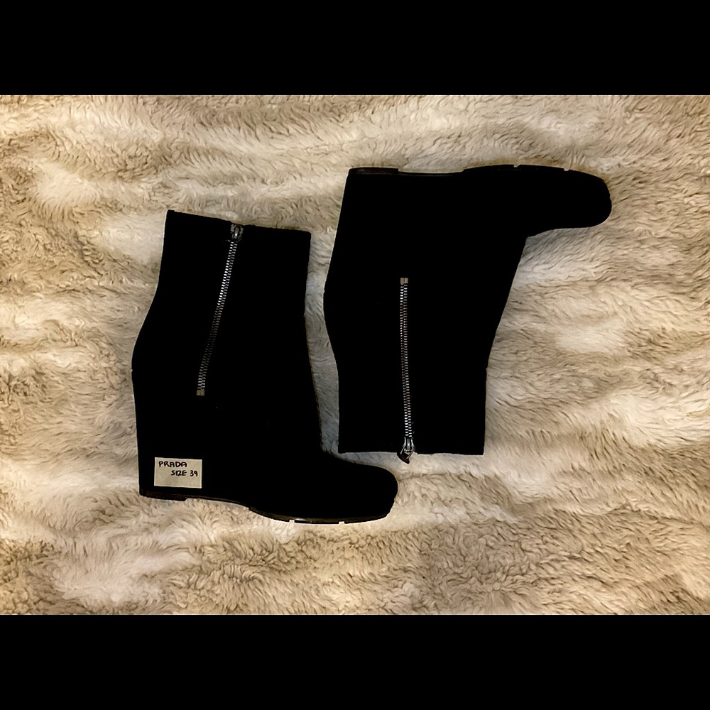 Prada Wedge Ankle Black Suede Boots